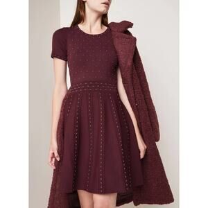 Sandro Montaigne Red Bordeaux Bead Embellished Studded Sweater Knit Dress 36 XS